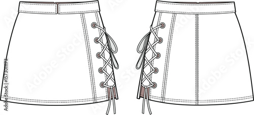 CAD drawing flat vector illustration of mini skirt with side lace up, front and back view, fashion technical sketch, apparel design