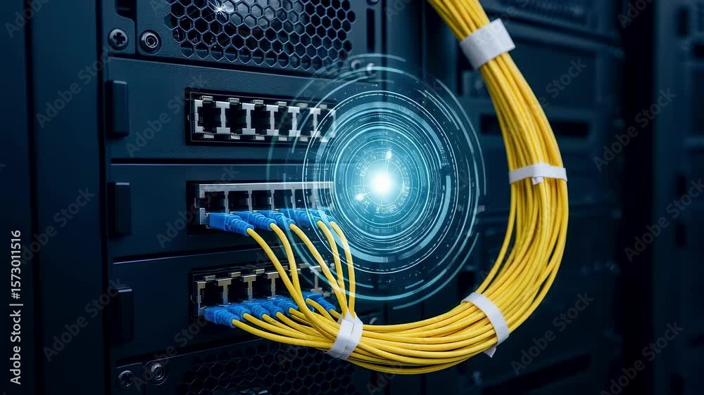 Fiber optic cables are connecting to a network switch in a data center, with a futuristic heads up display symbolizing advanced technology and connectivity