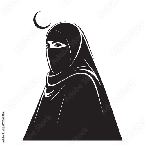 Elegant woman in niqab with crescent moon symbol vector illustratior  transparent png
