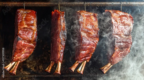 ham hanging in a rustic smokehouse, with visible wood smoke swirling around the cuts. The image conveys an authentic, time-honored method of preservation, with dramatic lighting and a sense 