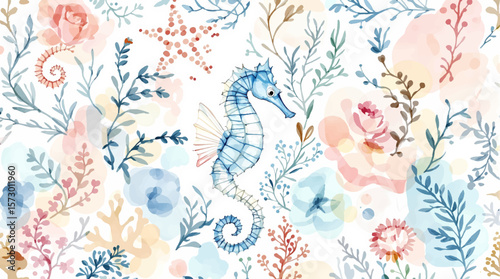 Seamless watercolor pattern of hand drawn nautilus shells and smooth sea pebbles on a white background, Watercolor pattern shells on white background