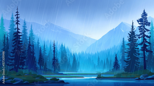 A peaceful lake surrounded by pine trees and mountains during heavy rain, in soft blue tones and moody atmosphere