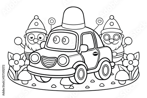 Retro Police Car with Garden Gnomes Parade