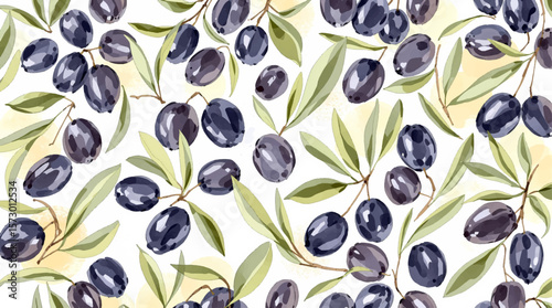 Watercolor pattern olives on white background	