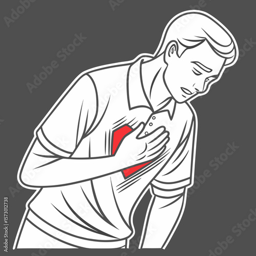 Man clutching chest in pain with red heart highlight on dark background