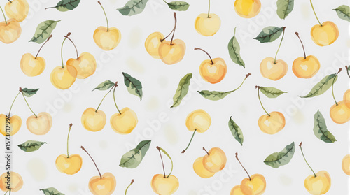 Watercolor yellow cherries on white background seamless vector pattern