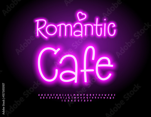Vector Stylish banner Romantic Cafe. Pink Glowing Font. Beautiful Neon Letters and Numbers set.