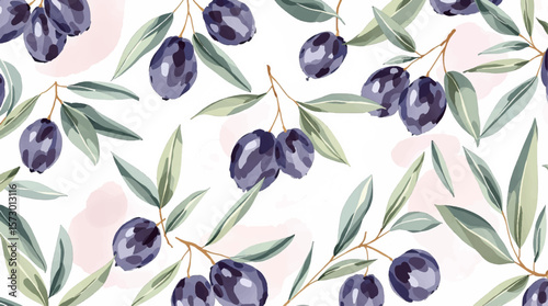 Watercolor pattern olives on white background	