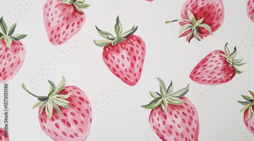 Watercolor strawberry pattern with ripe red berries and green leaves on a  background