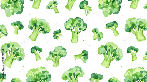 Vibrant watercolor broccoli and greens pattern for fresh produce designs	