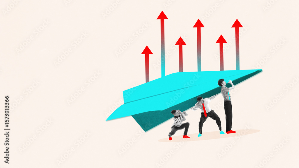 Obraz premium Mixed media art. Businessmen working together to push a large blue paper plane upward with red arrows pointing up in the background. Concept of collective success, company growth effort