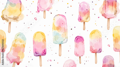 Bright colorful ice cream cones.  Summer sweets. Watercolor seamless vector pattern on a white background.