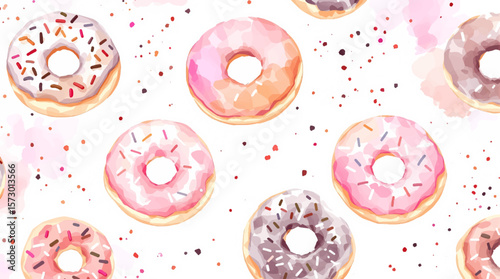 Donuts seamless pattern. Watercolor doughnuts. Chocolate, pink, green, white donuts. Pattern for a kitchen, textile.
