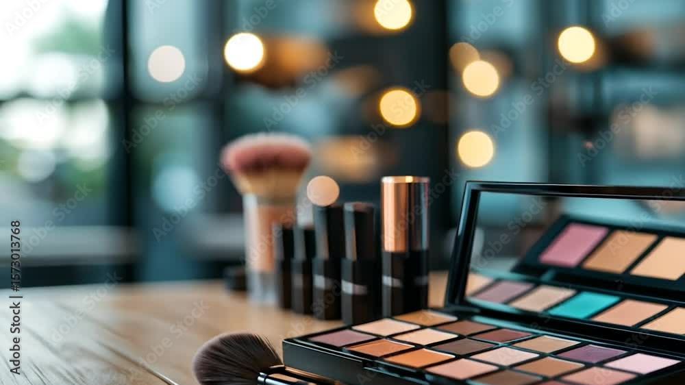 Close up view of cosmetic products including a makeup palette with multiple eyeshadow colors and various application brushes on a wooden surface beauty accessory collection