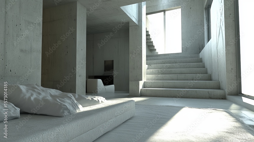 Fototapeta premium Sunlit minimalist concrete home interior featuring a low platform bed, stairs, and large windows