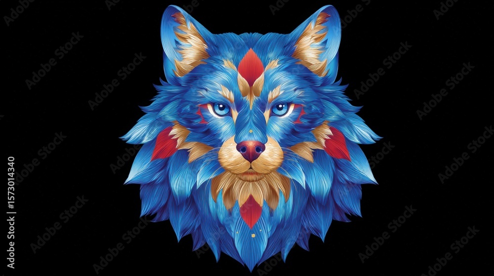 Obraz premium A striking blue fox with vibrant red and yellow feathers displaying bold colors in a sleek art design