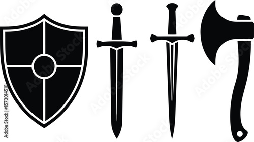 Collection of medieval weapon icons including shield sword axe and dagger