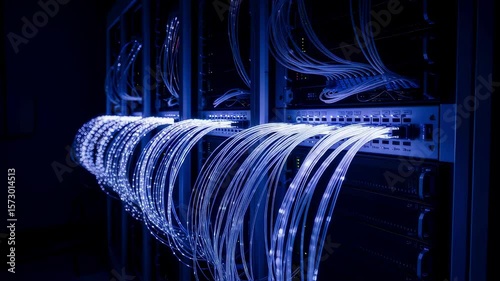 Luminous fiber optic cables elegantly connect to network servers, illuminating a data center with the promise of high speed data transmission and advanced network infrastructure
