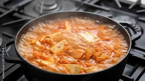 Kimchi stew simmers on stovetop, kitchen background