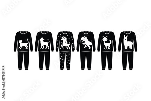 Black pajamas with white animal and mythical creature designs sleepwear clothing
