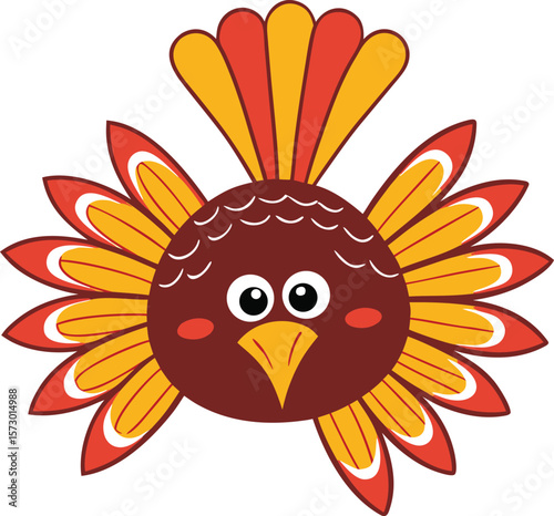 A flat cartoon bird smiles with bright orange and red feathers on white