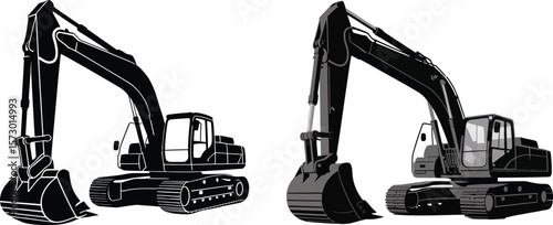 Two black excavator machines on white background with different styles