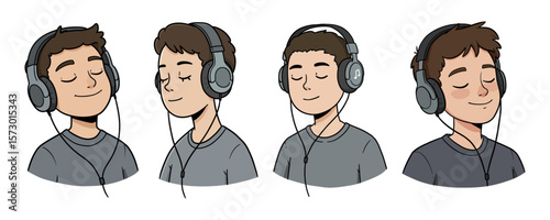 Man with Headphones Listening to Music - Relaxing Cartoon Character Set
