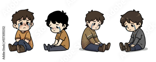Sad Crying Boy - Character Set Showing Grief and Emotion