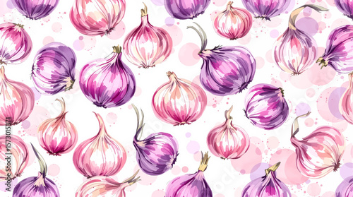 Onion vegetable watercolor drawing seamless pattern. Natural organic cooking ingredient background for restaurant, food recipe or healthy eating concept.