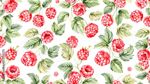Watercolor pattern featuring raspberries white background	