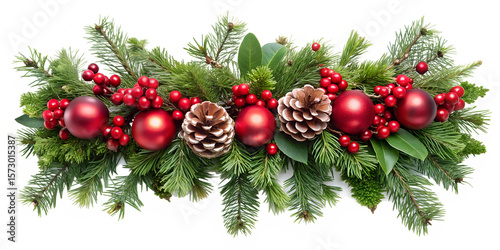 A festive christmas decoration with fir branches, pine cones, and red ornaments creates a holiday atmosphere isolated on transparent background