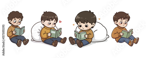 Cute Cartoon Boy Reading a Book - Student Character Set