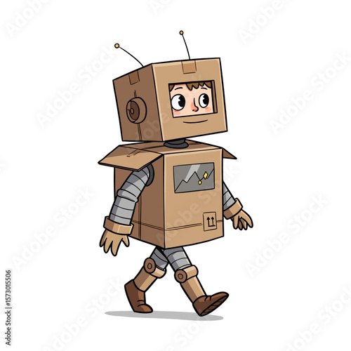 Cute Cartoon Boy in a Cardboard Robot Costume