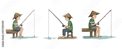 Boy Fishing with a Rod - Asian Cartoon Character Set