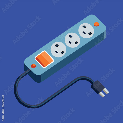 Isometric view of a blue power strip with an orange switch and three outlets