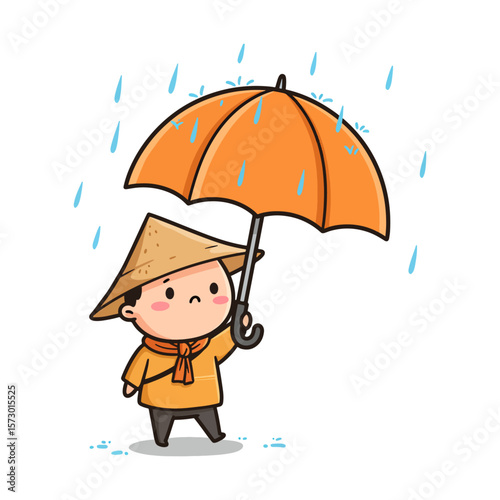 Cute Cartoon Character in Rain with Umbrella and Asian Hat