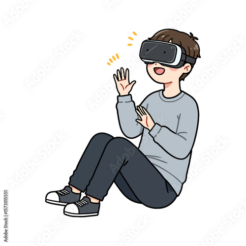 Man with VR Headset Experiencing Virtual Reality - Cartoon Illustration