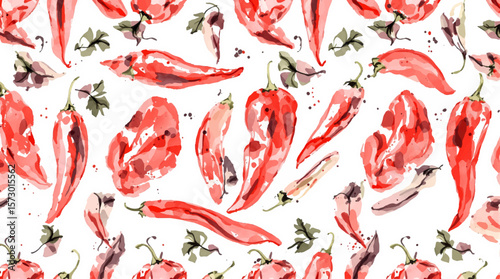 Watercolor seamless bright vegetable pattern, red bell pepper