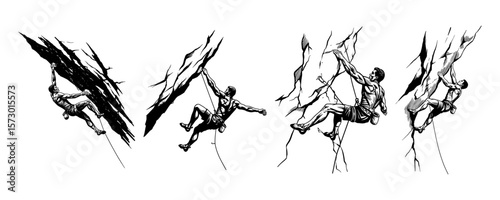 Rock Climber on Cliff Face - Hand-Drawn Adventure Sport Set