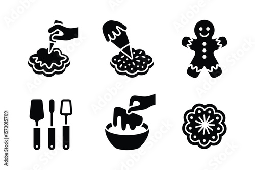 Baking preparation and decoration icons icing gingerbread man