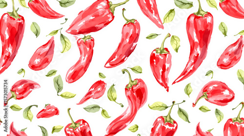 Watercolor seamless bright vegetable pattern, red bell pepper, peppercorns, bay leaf on a white background.