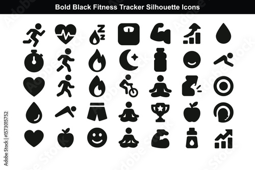 Bold Black Fitness Tracker Silhouette Icons for Smartwatch and Infographics