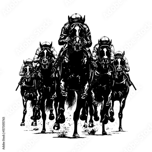 Horse Race in Action - Black and White Graphic Illustration