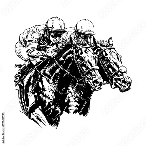 Horse Race Neck and Neck - Jockeys and Horses Sketch Illustration