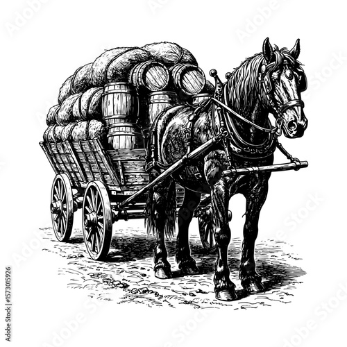 Vintage Workhorse and Loaded Cart - Hand-Drawn Engraving