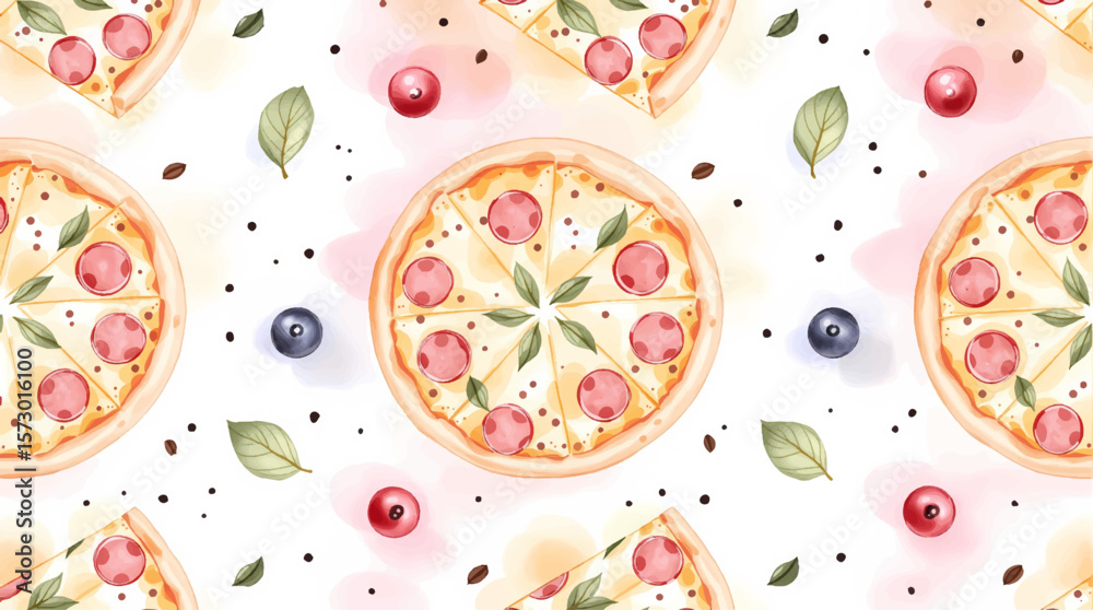 Watercolor patter pizza on white background	