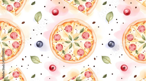 Watercolor patter pizza on white background	