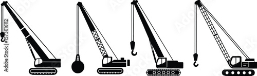 Collection of black silhouette construction cranes and wrecking ball 