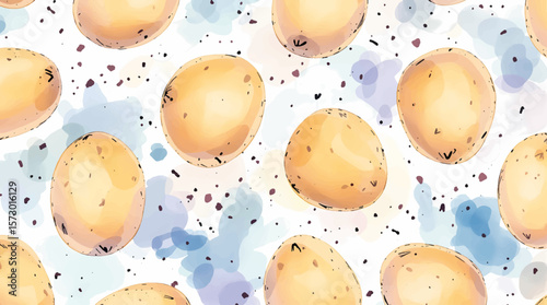 Potato Watercolor Seamless Pattern on a white background. Can be used for kitchen textile prints, product packaging design.