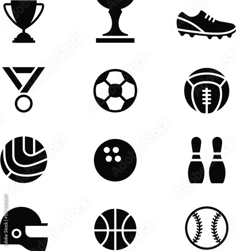Collection of black silhouette sports icons including trophies balls and equipment